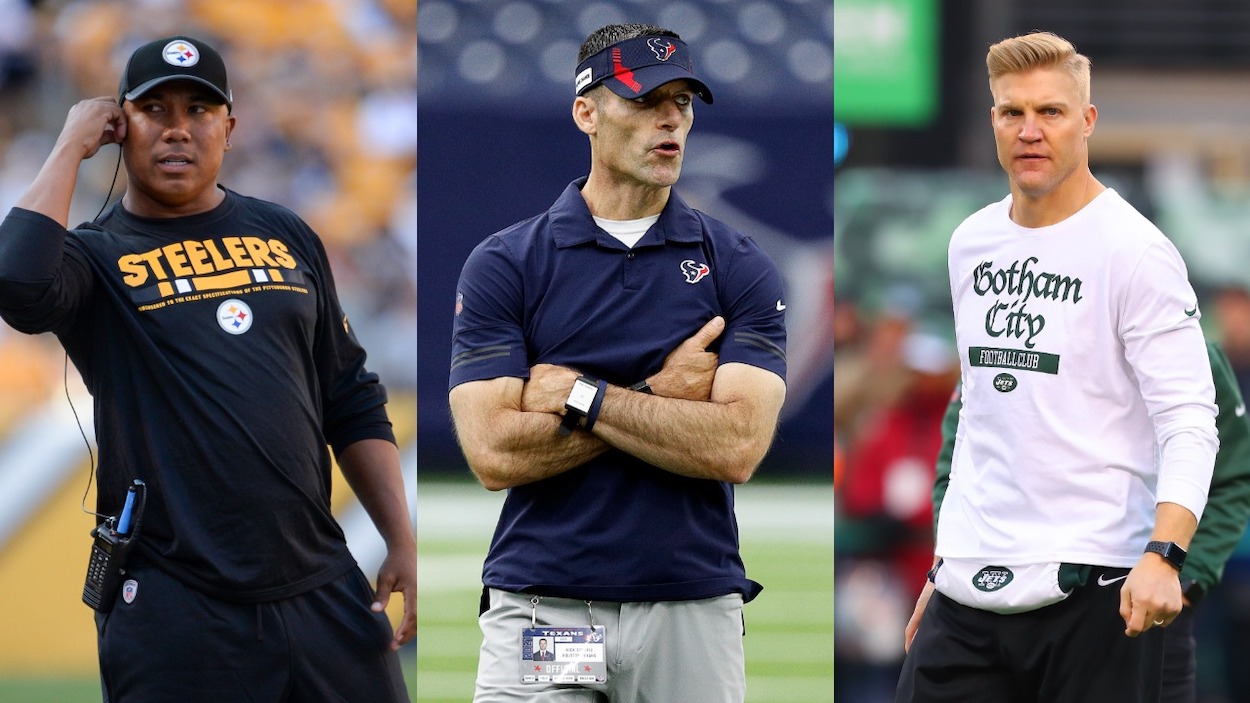 (L-R) Former Pittsburgh Steelers wide receiver Hines Ward stands on the sideline in the third quarter of a preseason game on August 20, 2017; Photo by Bob Levey/Getty Images; Houston Texans general manager Nick Caserio before playing the Jacksonville Jaguars at NRG Stadium on September 12, 2021; New York Jets quarterback Josh McCown warms up prior to the National Football League game between the New York Jets and the Houston Texans on December 15, 2018.