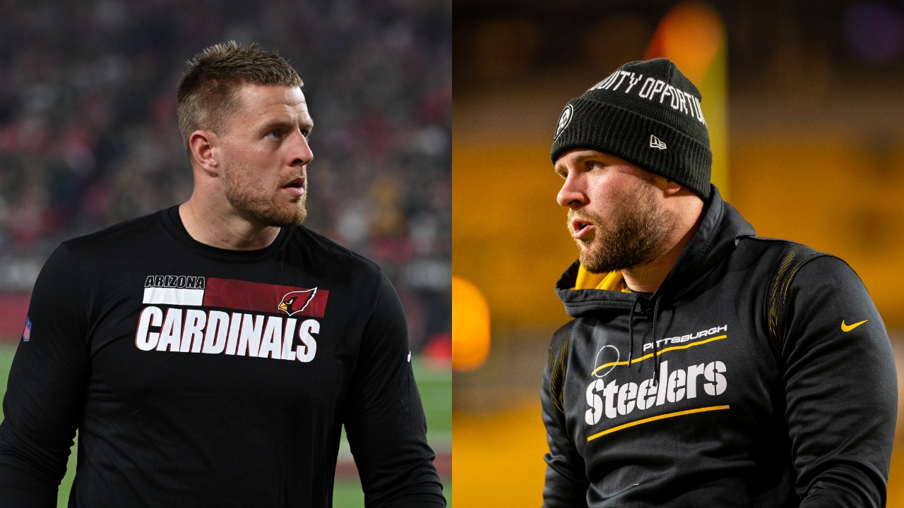 Cardinals DE JJ Watt looks on during a game; Steelers OLB TJ Watt warms up before a game