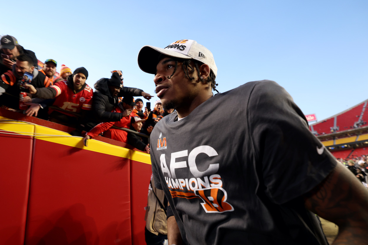 Wide receiver Ja'Marr Chase of the Cincinnati Bengals celebrates the Bengals win over the Kansas City Chiefs in the AFC Championship Game at Arrowhead Stadium on January 30, 2022 in Kansas City, Missouri.