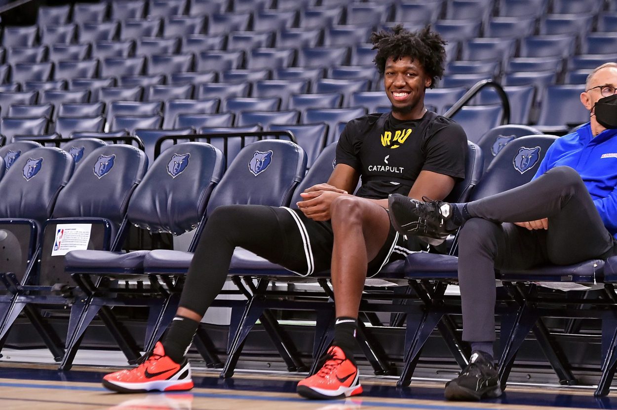 Golden State Warriors center James Wiseman smiles before an NBA game against the Memphis Grizzlies