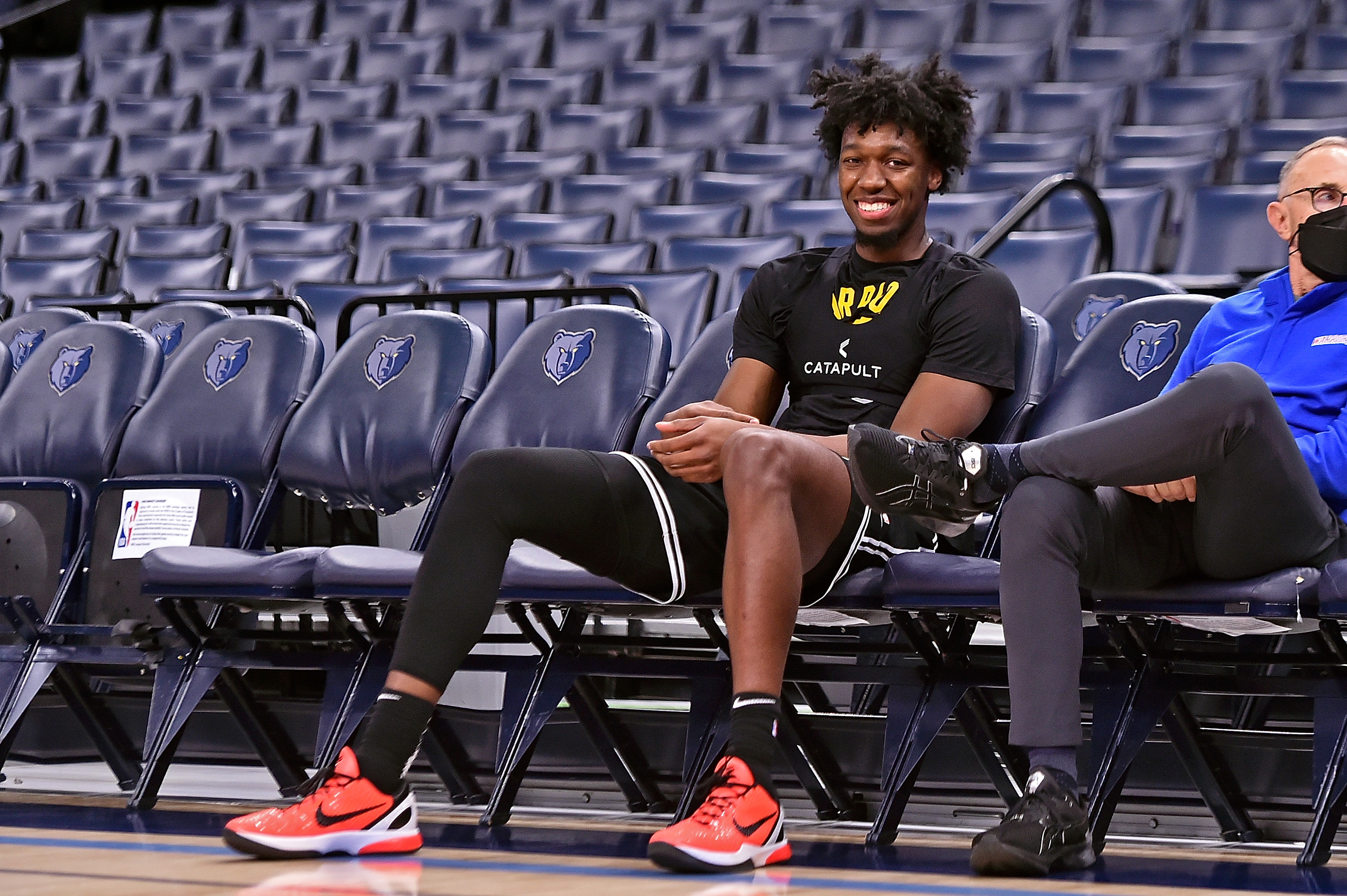 Golden State Warriors center James Wiseman smiles before an NBA game against the Memphis Grizzlies