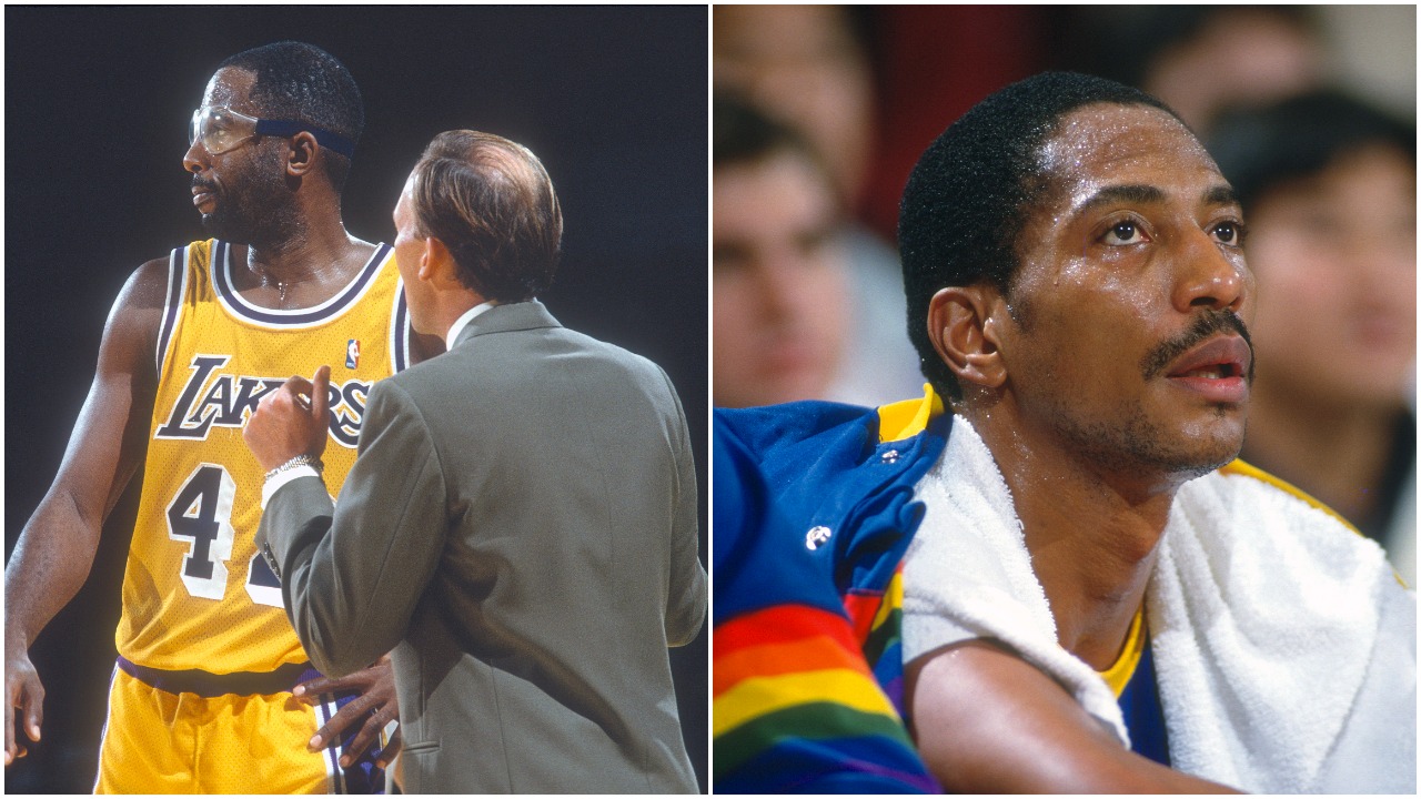 L-R: Former Los Angeles Lakers great James Worthy talks with then-head coach Mike Dunleavy; Former Denver Nuggets star Alex English sits on the bench