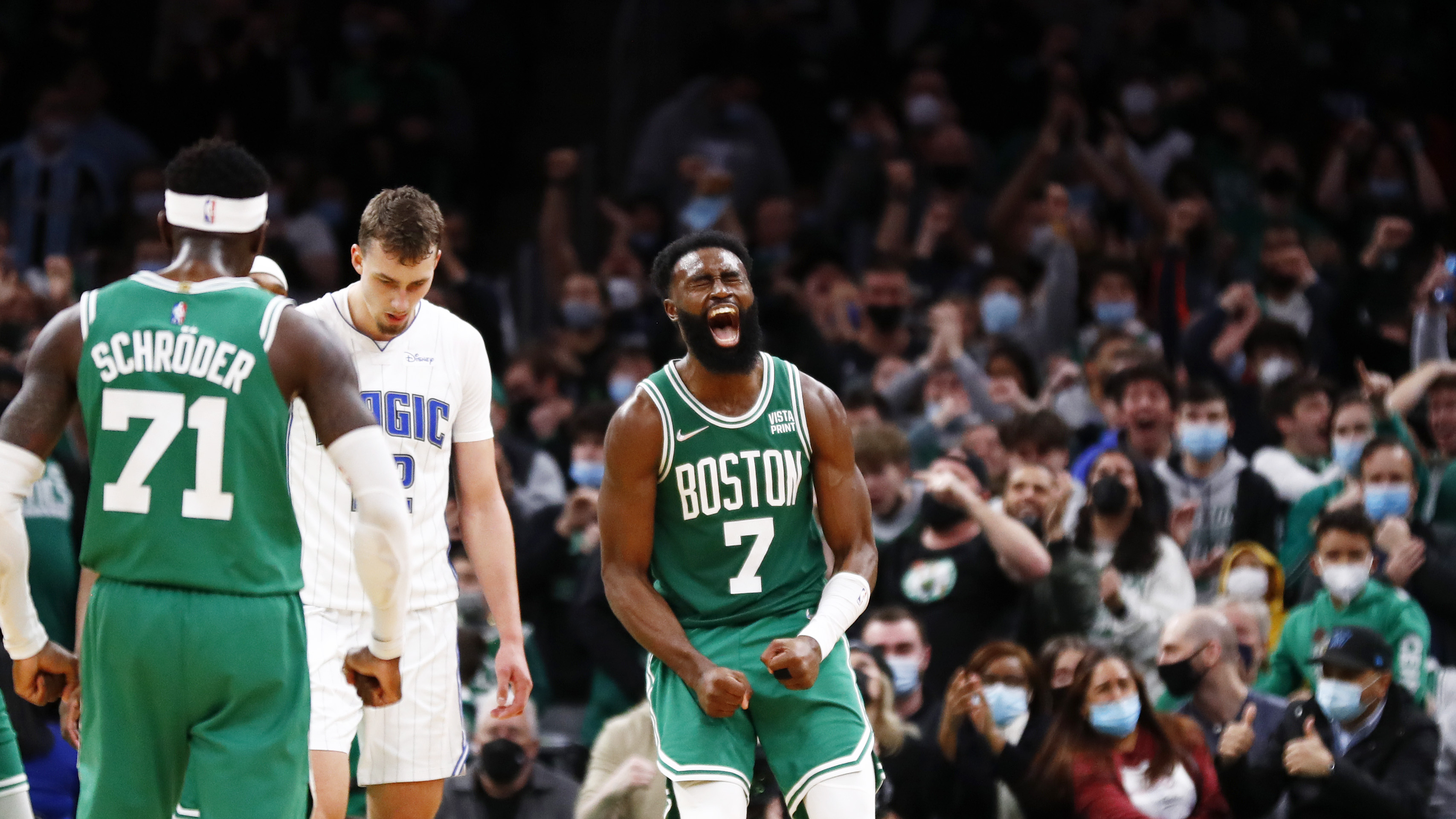 Boston Celtics star Jaylen Brown reacts after an overtime basket against the Orlando Magic