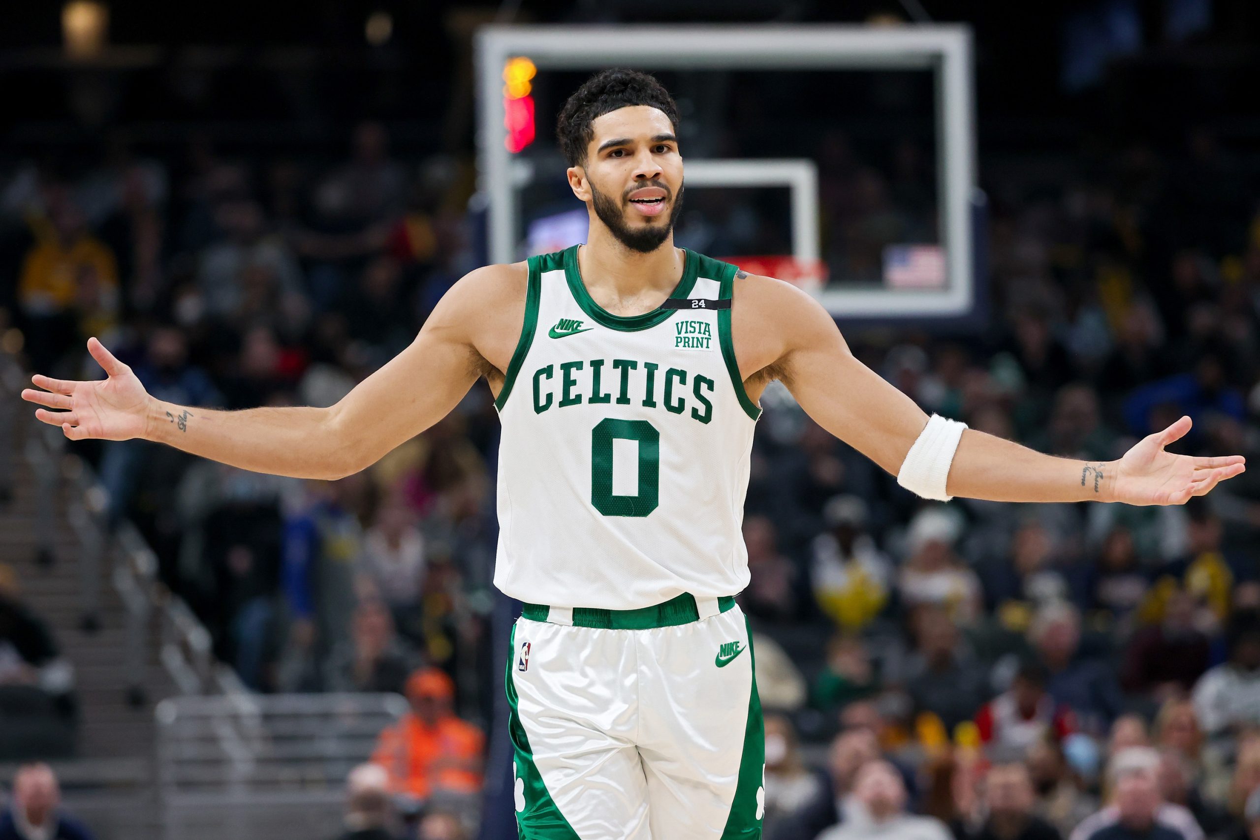 Jayson Tatum of the Boston Celtics reacts in the second quarter against the Indiana Pacers.