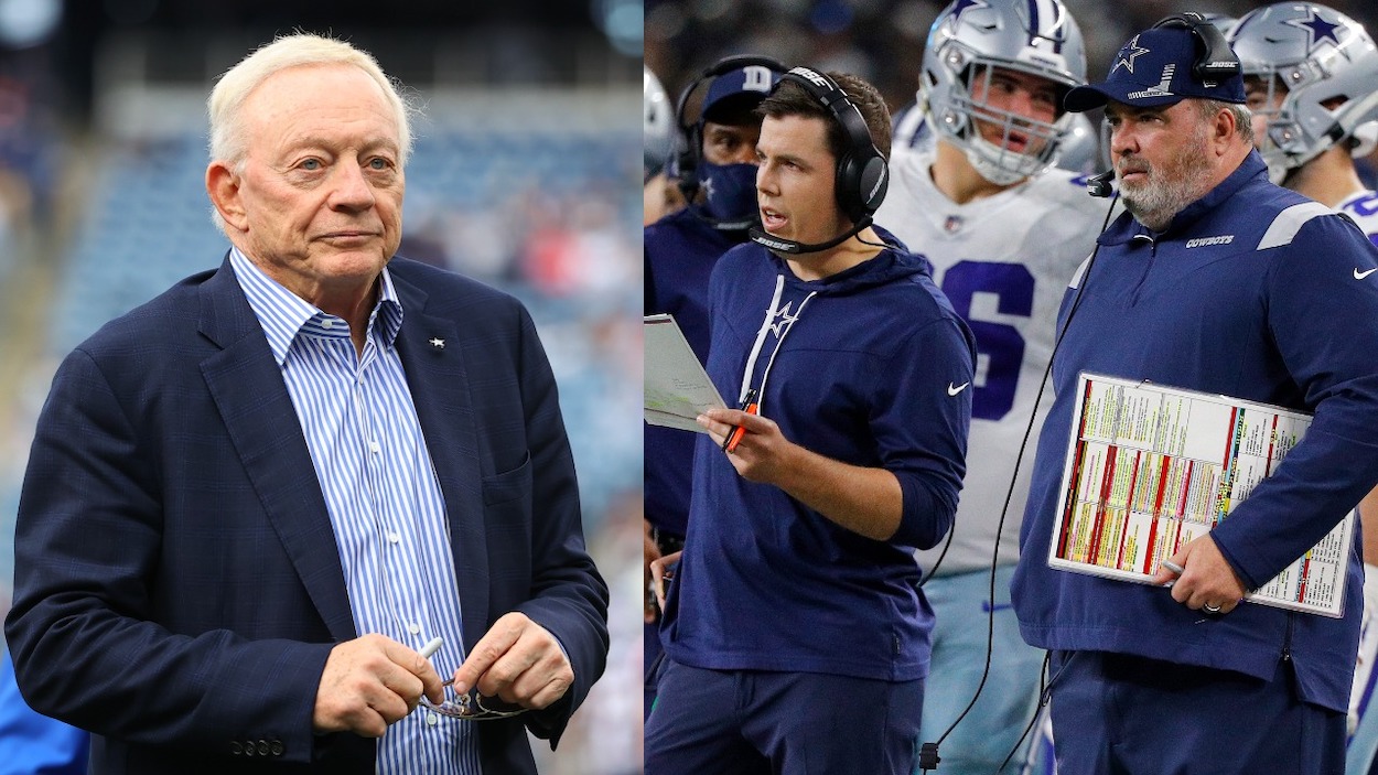 (L-R) Dallas Cowboys owner Jerry Jones prior to the National Football League game between the New England Patriots and the Dallas Cowboys on October 17, 2021; Dallas Cowboys Offensive Coordinator Kellen Moore and Head coach Mike McCarthy of the Dallas Cowboys look on during the first half against the Washington Football Team at AT&T Stadium on December 26, 2021.