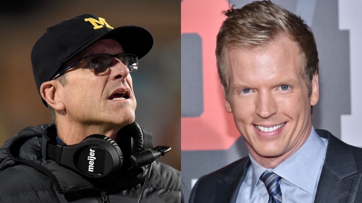 A photo of Jim Harbaugh in a winter coat to the left of a photo of Chris Simms in a business suit