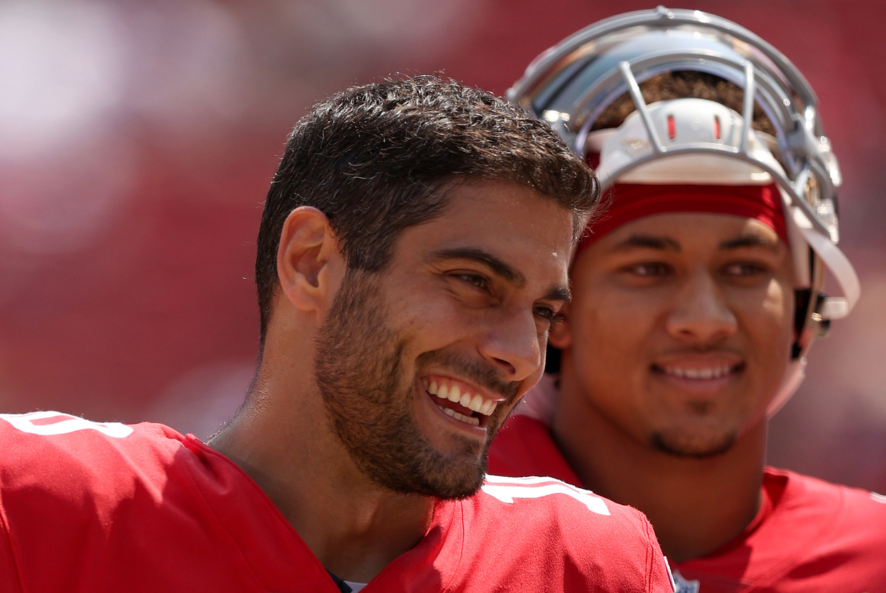 San Francisco 49ers quarterback Jimmy Garoppolo (L) and Trey Lance in 2021.