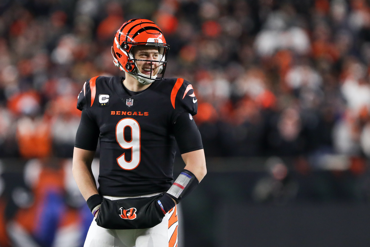 Cincinnati Bengals quarterback Joe Burrow reacts during the Wild Card game against the Las Vegas Raiders and the Cincinnati Bengals on January 15, 2022. He and coach Zac Taylor say they didn't hear the controversial whistle during the game.