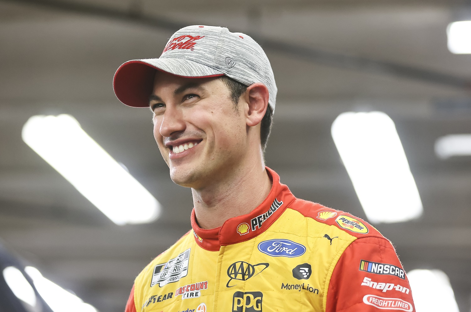 Joey Logano, looks on from the garage after the NASCAR Cup Series Next Gen test at Daytona International Speedway on Sept. 7, 2021.