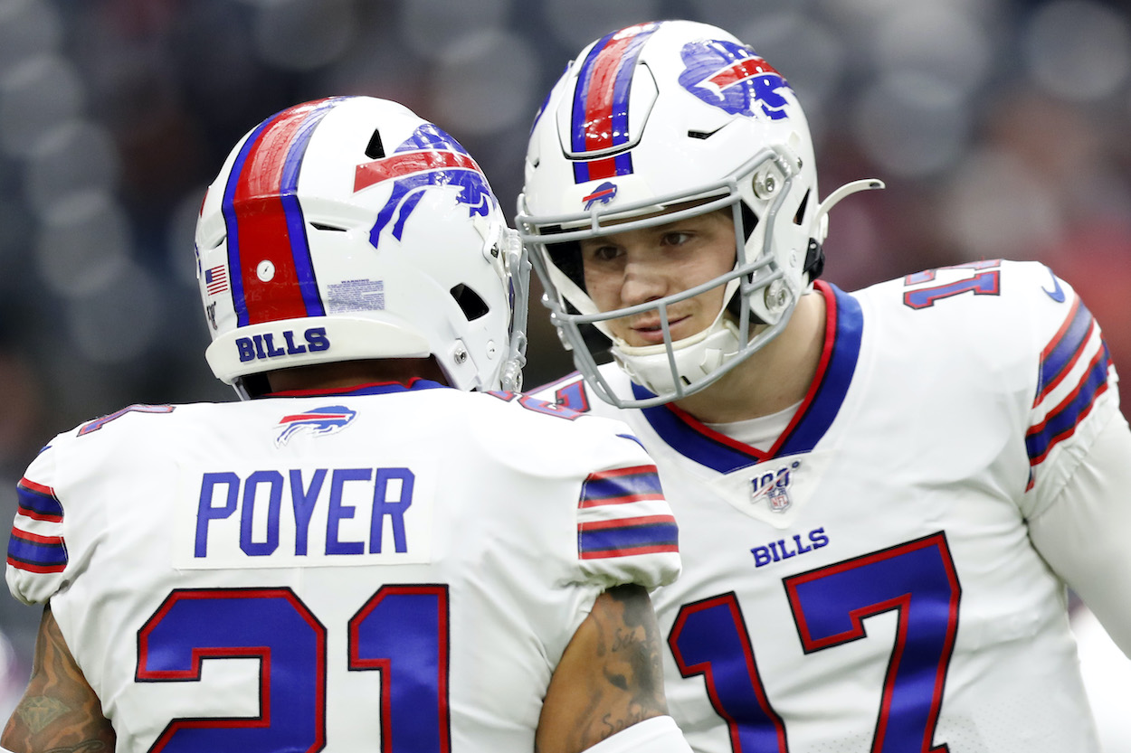 Quarterback Josh Allen and Jordan Poyer of the Buffalo Bills talk during warm ups before the AFC Wild Card Playoff game against the Houston Texans at NRG Stadium on January 04, 2020 in Houston, Texas.
