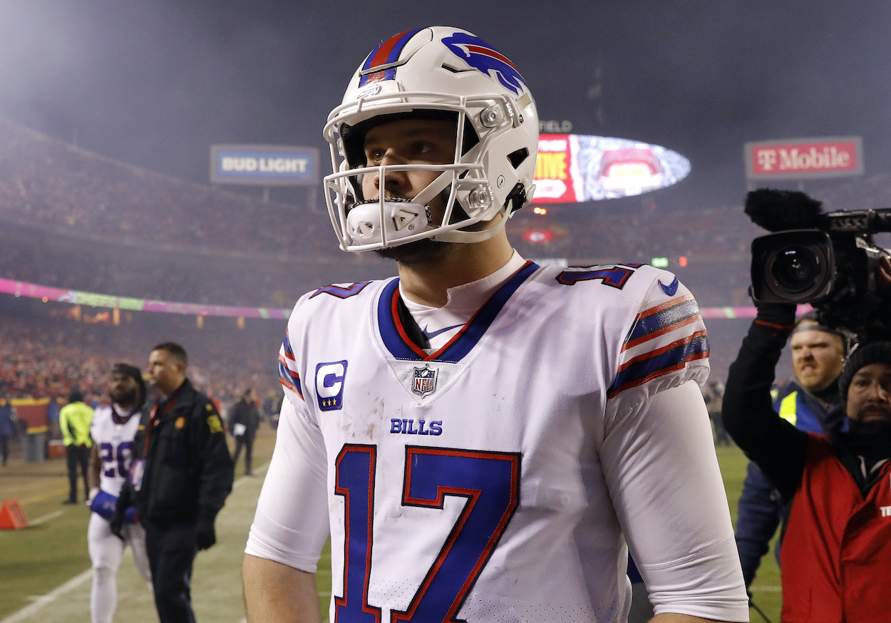 Josh Allen of the Buffalo Bills walks off the field after being defeated by the Kansas City Chiefs in the AFC Divisional Playoff game at Arrowhead Stadium on January 23, 2022 in Kansas City, Missouri.