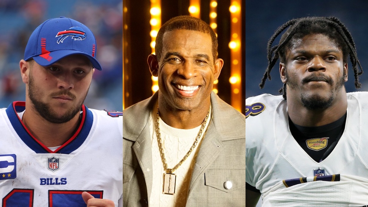 (L-R) Josh Allen of the Buffalo Bills walks off the field after a loss against the Pittsburgh Steelers at Highmark Stadium on September 12, 2021; Sports icons Deion Sanders and Shannon Sharpe join comedians Joel McHale, and Gillian Jacobs to make up the celebrity panel on the season five premiere of 'To Tell the Truth; Baltimore Ravens quarterback Lamar Jackson walks off the field after the conclusion of an NFL football game against the Detroit Lions in Detroit, Michigan USA, on Sunday, September 26, 2021.