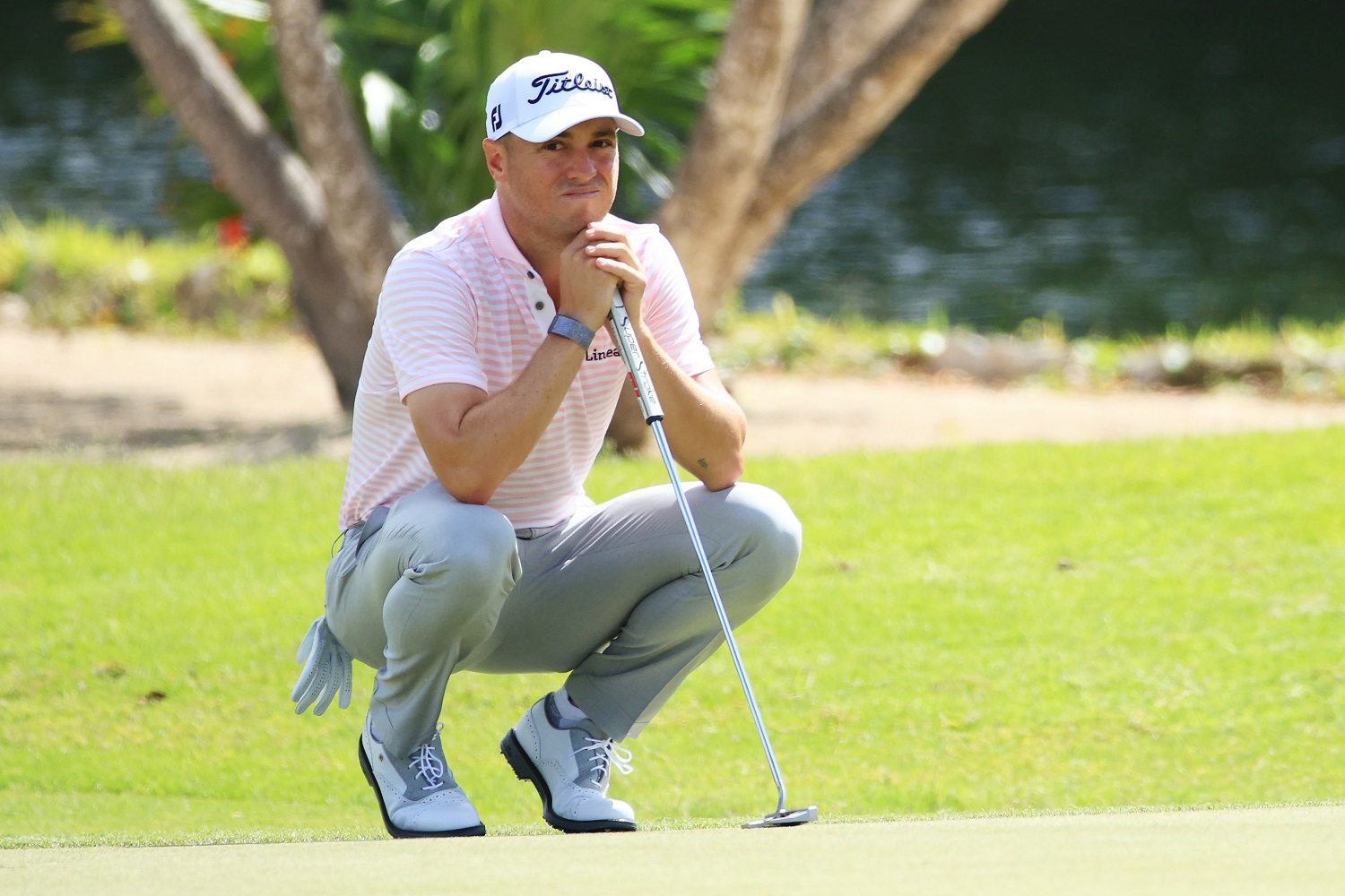 Justin Thomas looks on over the fifth green during the third round of the World Wide Technology Championship at Mayakoba on El Camaleon golf course on Nov. 6, 2021, in Playa del Carmen, Mexico.
