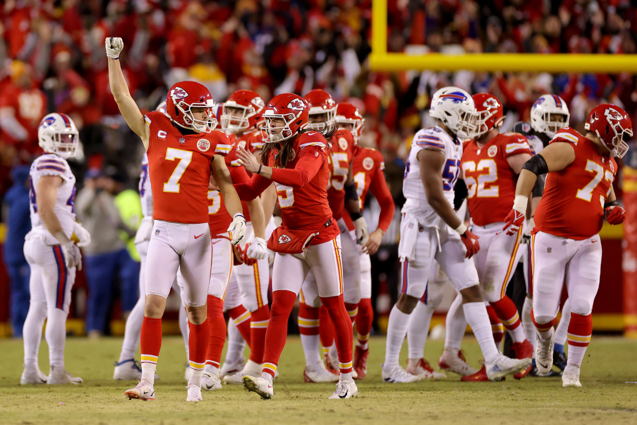 Harrison Butker #7 of the Kansas City Chiefs celebrates after kicking the game-tying field goal against the Buffalo Bills.