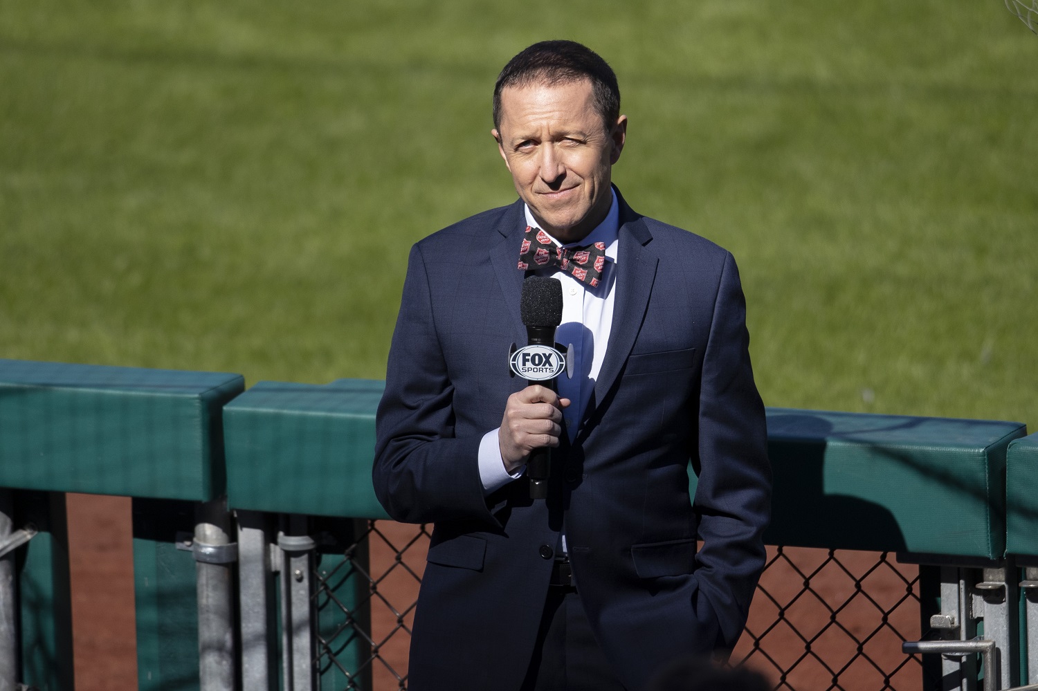 MLB on FOX reporter Ken Rosenthal looks on during the game between the Philadelphia Phillies and Atlanta Braves at Citizens Bank Park on April 3, 2021.