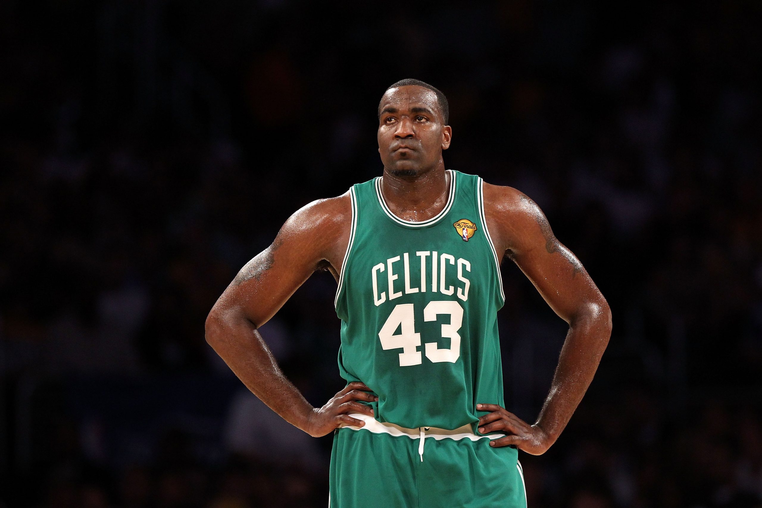 Kendrick Perkins of the Boston Celtics looks on against the Los Angeles Lakers in Game 2 of the 2010 NBA Finals.