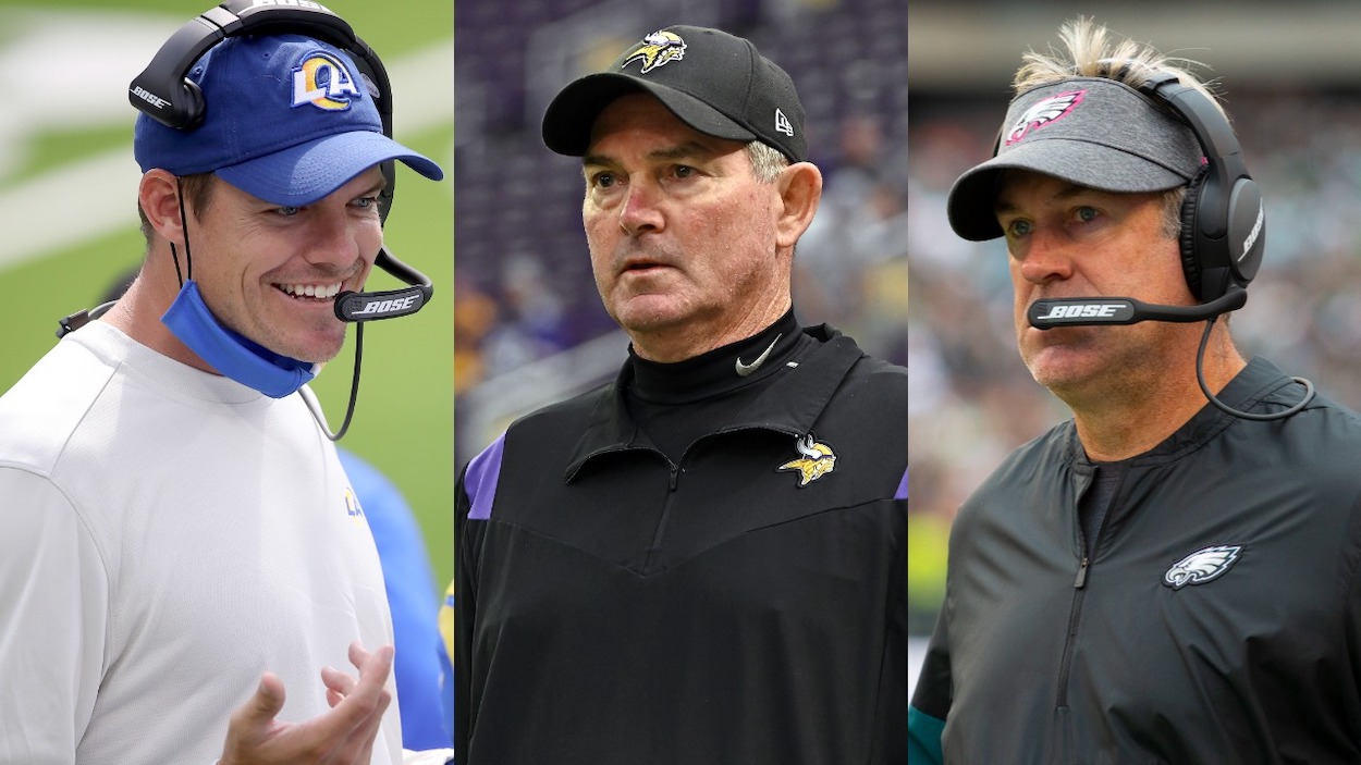 (L-R) Offensive coordinator Kevin O'Connell talks with Bryce Perkins of the Los Angeles Rams during a team scrimmage at SoFi Stadium on August 29, 2020; Head coach Mike Zimmer of the Minnesota Vikings takes the field before the game against the Cleveland Browns at U.S. Bank Stadium on October 03, 2021; Head coach Doug Pederson of the Philadelphia Eagles looks on against the New York Jets at Lincoln Financial Field on October 6, 2019. O'Connell and Pederson are two coaches who could replace Zimmer.