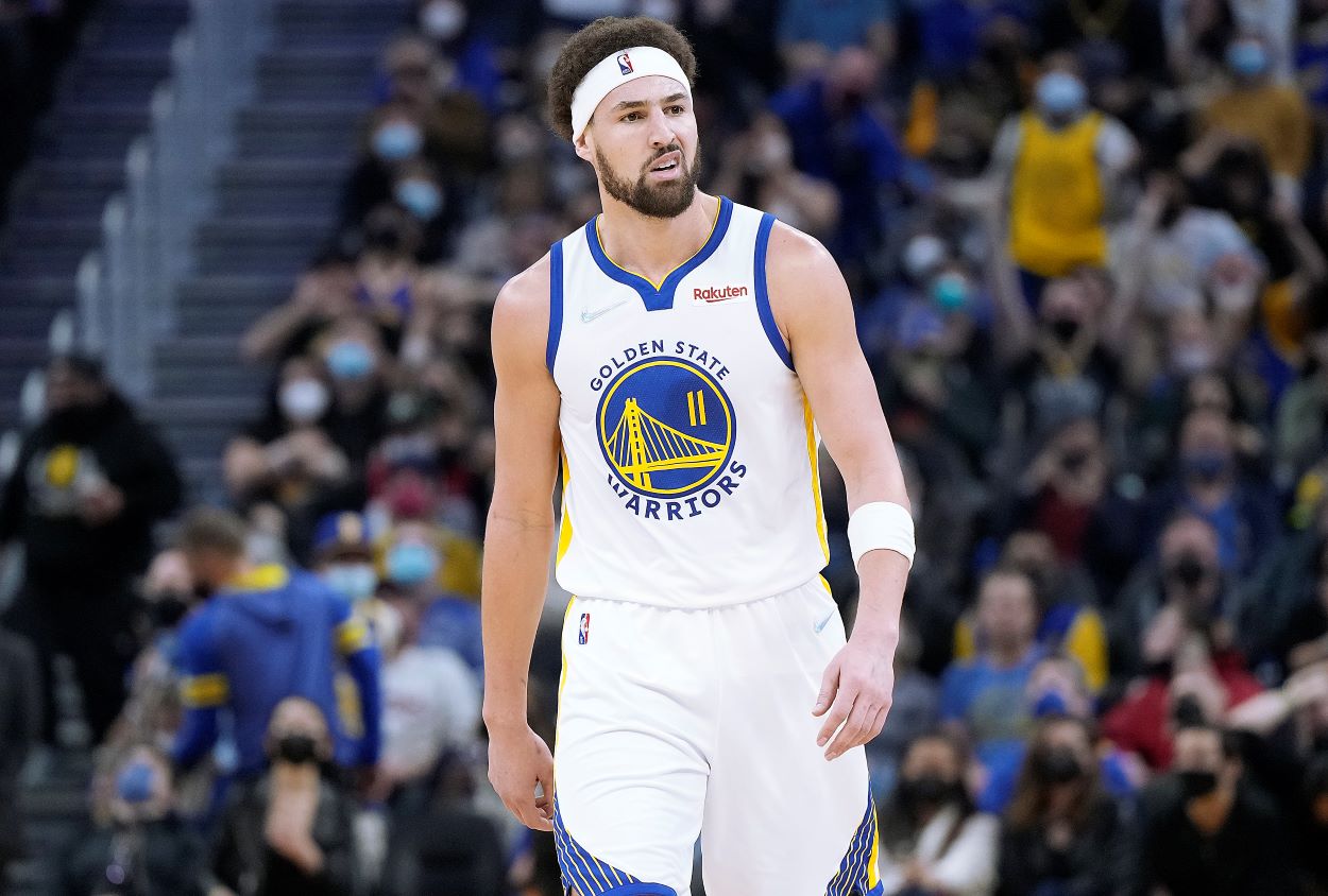 Warriors guard Klay Thompson reacts to a play during his first NBA game back from injury.
