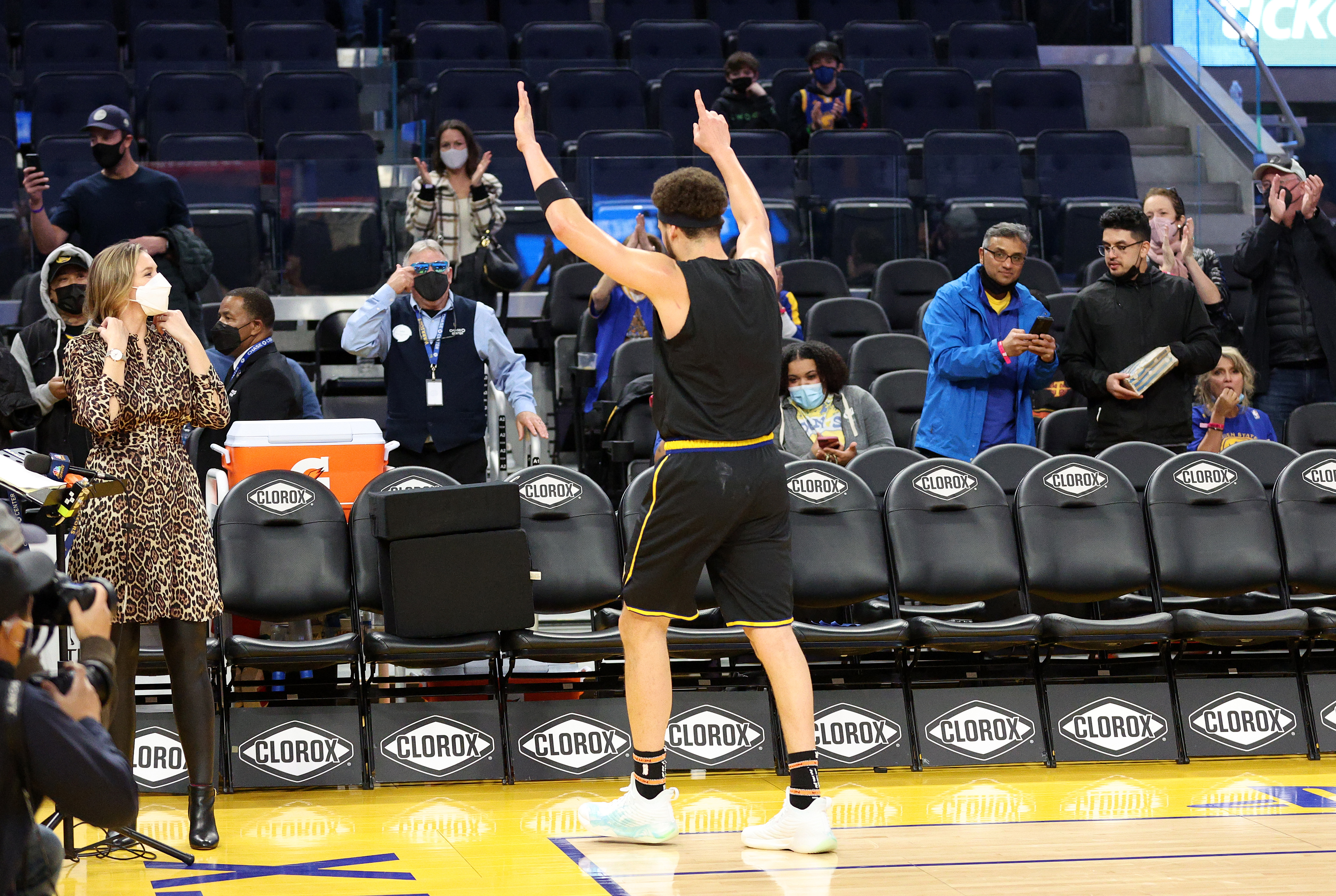 Golden State Warriors star Klay Thompson reacts after finishing a pregame shooting session
