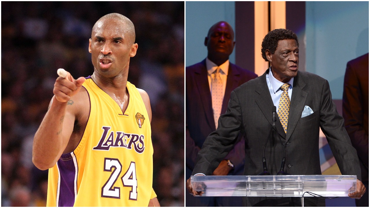 L-R: Los Angeles Lakers icon Kobe Bryant gestures during Game 7 of the 2010 NBA Finals; NBA Hall of Famer Elgin Baylor speaks during the Sports Spectacular Gala in 2013