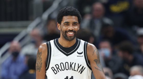 Kyrie Irving of the Brooklyn Nets dribbles the ball during the game against the Indiana Pacers.
