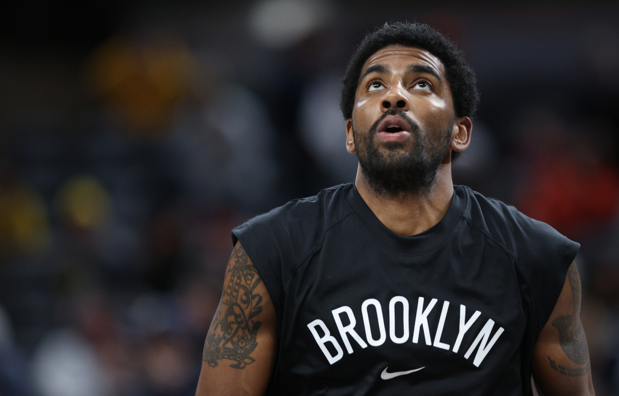 Brooklyn Nets star Kyrie Irving, who seemingly blamed Giannis Antetokounmpo for his 2021 NBA Playoff injury.