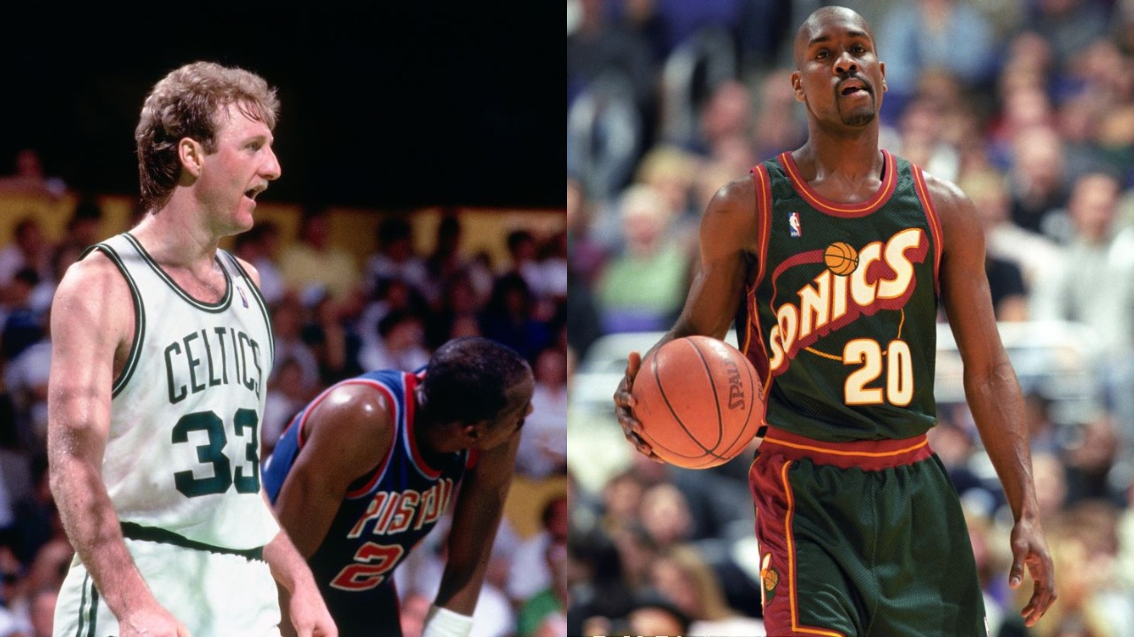 Boston Celtics forward Larry Bird and Supersonics guard Gary Payton.