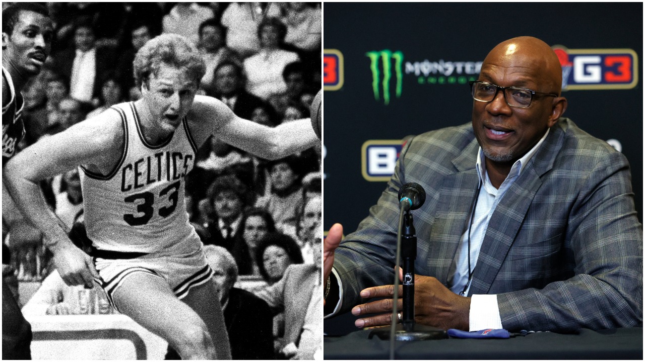L-R: Boston Celtics legend Larry Bird drives to the hoop during an NBA game in 1983 and NBA Hall of Famer Clyde Drexler speaks during a press conference for the BIG3 basketball league