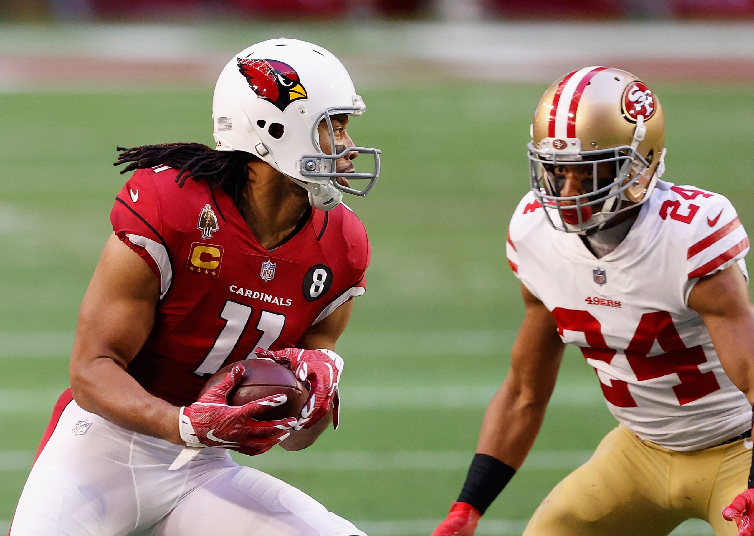 Wide receiver Larry Fitzgerald of the Arizona Cardinals makes a reception against the San Francisco 49ers.