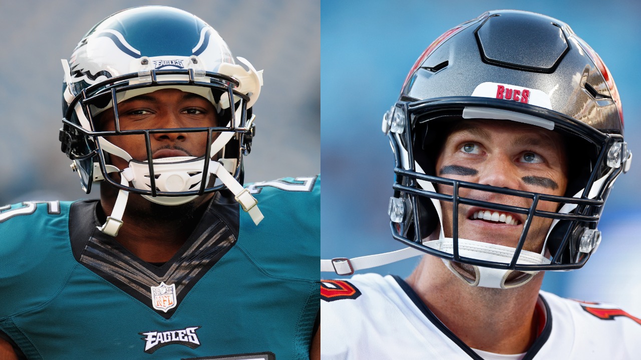 Eagles RB LeSean McCoy looks on before a game; Buccaneers QB Tom Brady reacts during a game.