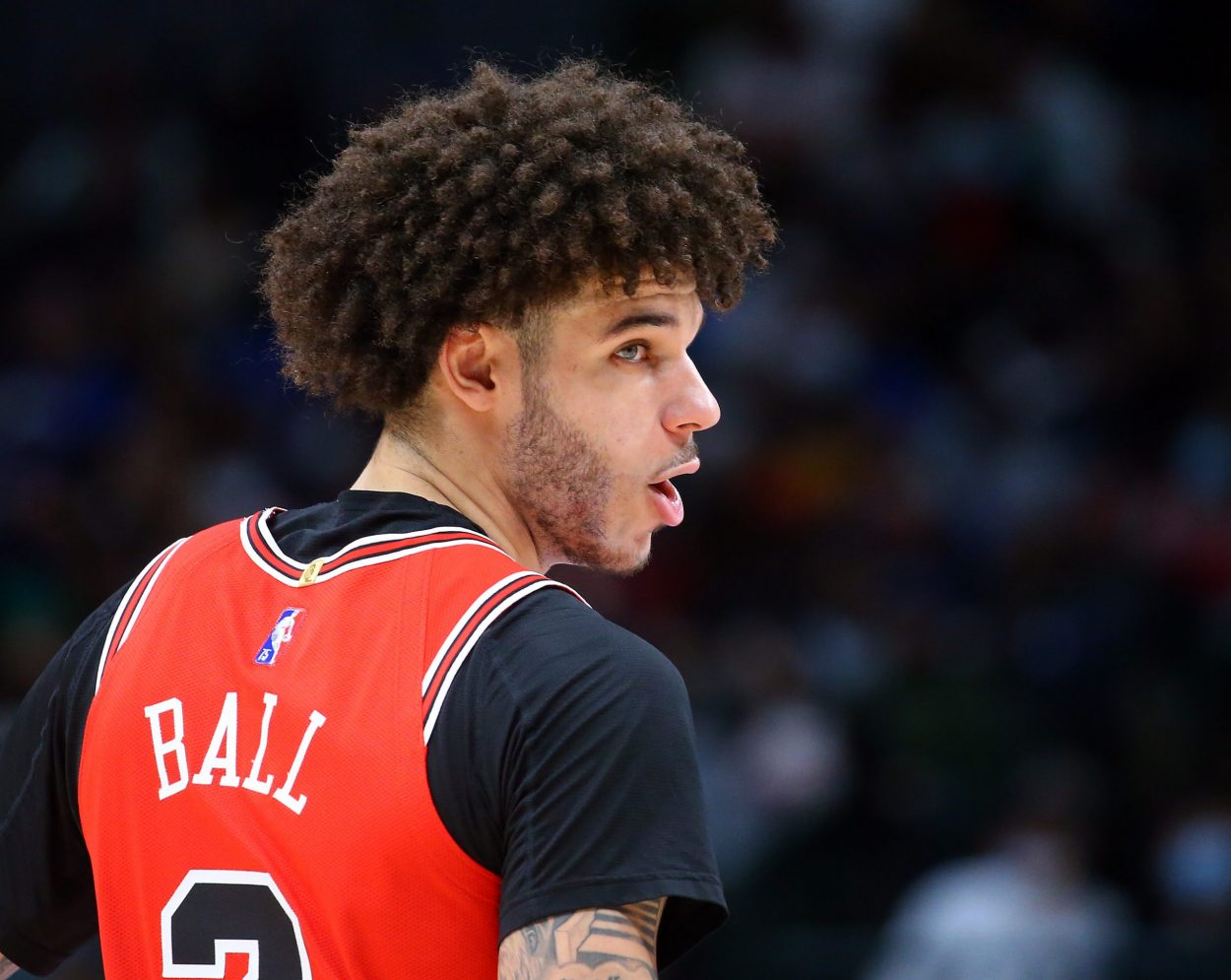 Chicago Bulls point guard Lonzo Ball looks on during an NBA game against the Dallas Mavericks