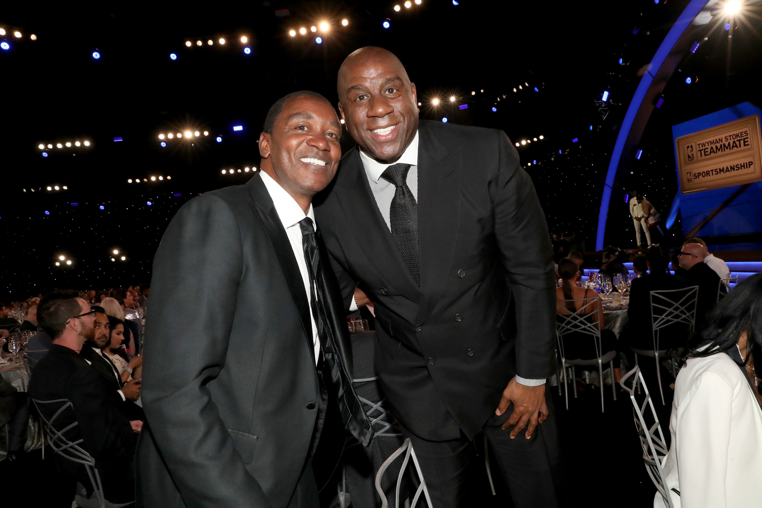 Los Angeles Lakers great Magic Johnson with Detroit Pistons legend Isiah Thomas during the 2019 NBA Awards