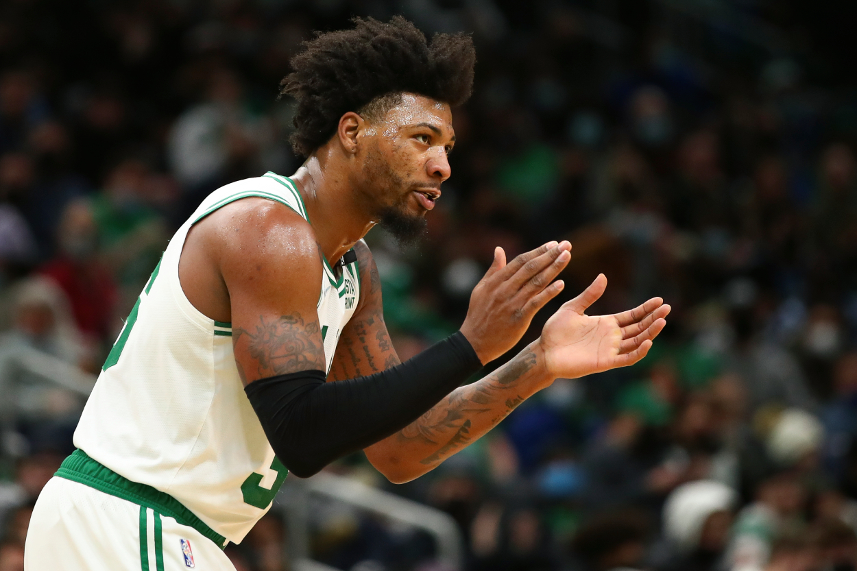 Marcus Smart of the Boston Celtics reacts during a game against the Indiana Pacers.