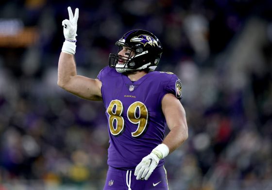 Ravens tight end Mark Andrews reacts after a big play