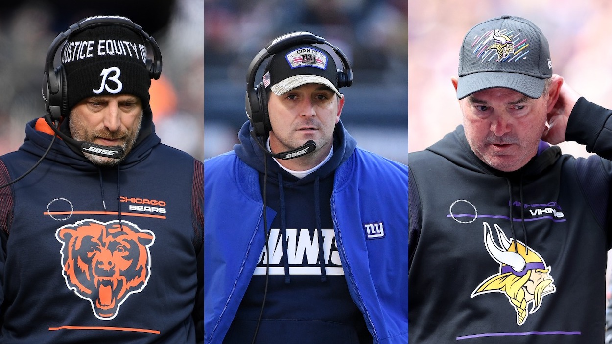 Possible NFL coaches fired on Black Monday include: (L-R) Head Coach Matt Nagy of the Chicago Bears reacts on the sidelines during the second quarter of the game against the New York Giants at Soldier Field on January 02, 2022; Head Coach Joe Judge of the New York Giants looks on during the fourth quarter of the game against the Chicago Bears at Soldier Field on January 02, 2022; Head coach Mike Zimmer of the Minnesota Vikings walks off the field after the game against the Detroit Lions at U.S. Bank Stadium on October 10, 2021.