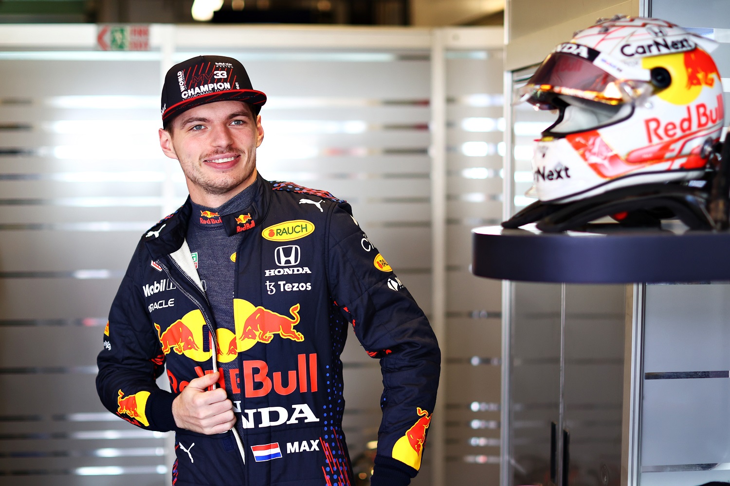 Max Verstappen of Red Bull Racing prepares in the garage during Formula 1 testing at Yas Marina Circuit on Dec. 14, 2021, in Abu Dhabi, United Arab Emirates.