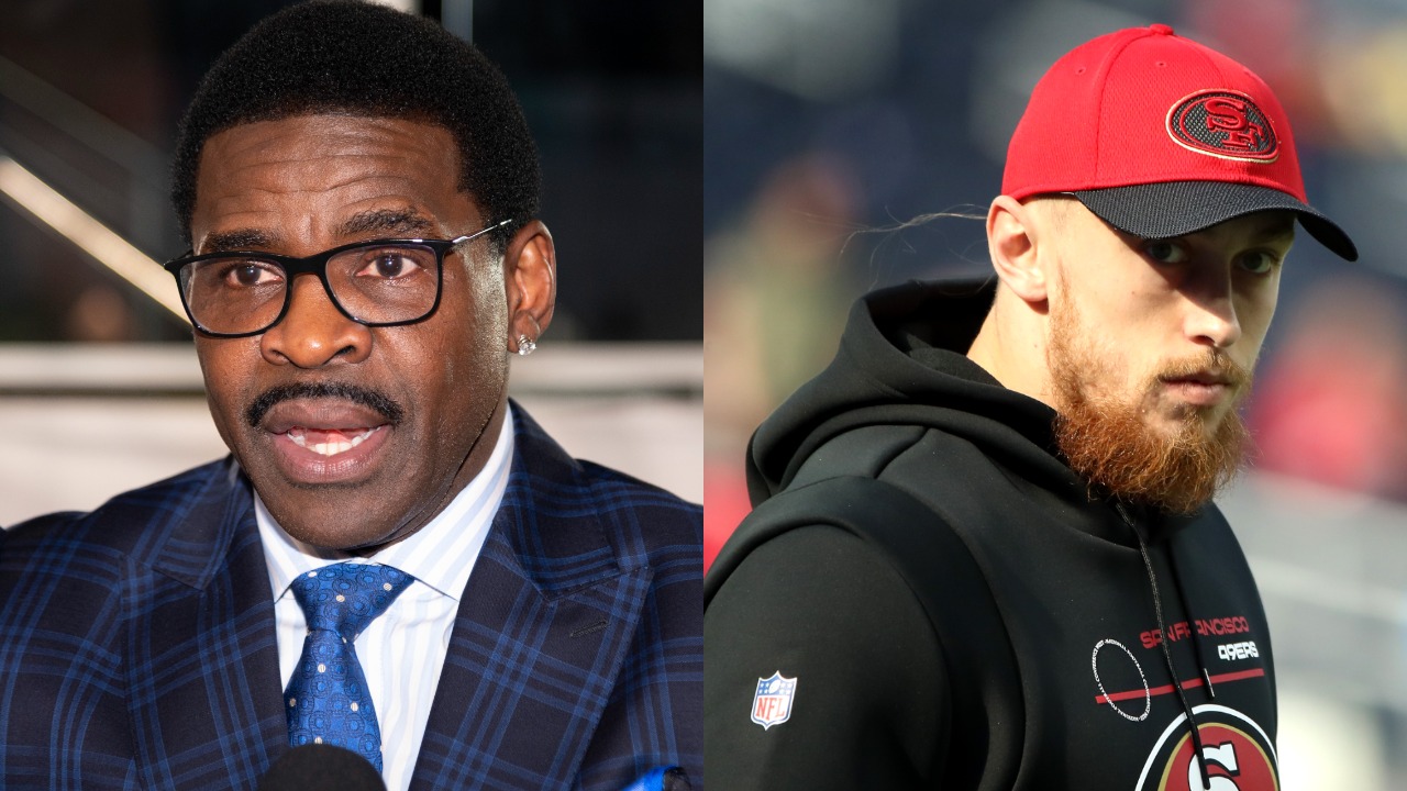 Cowboys legend Michael Irvin talks during Super Bowl weekend; 49ers tight end George Kittle looks on before a game