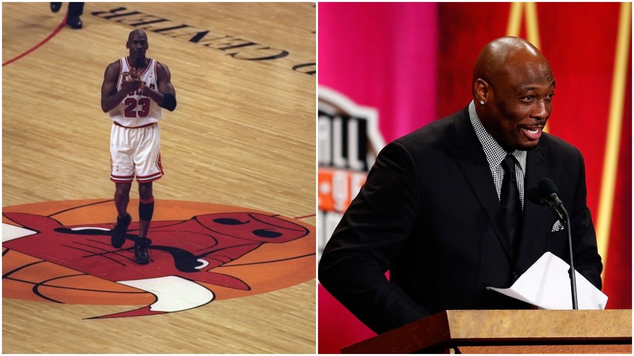 L-R: Chicago Bulls great Michael Jordan walks off the floor after Game 3 of the 1998 NBA Finals; Mitch Richmond speaks during his Hall of Fame induction in 2014