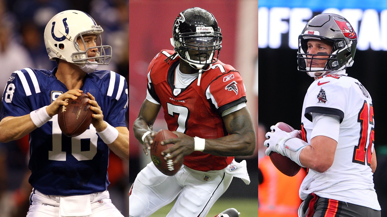 Colts QB Peyton Manning drops back for a pass; Falcons QB Michael Vick in action; Buccaneers QB Tom Brady in action
