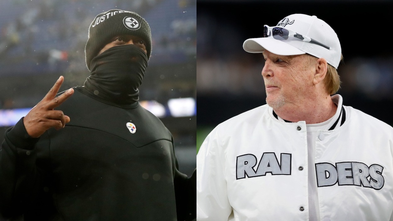 (L-R) Pittsburgh Steelers head coach Mike Tomlin, Las Vegas Raiders owner Mark Davis. Two NFL insiders have mentioned the idea this week of a Mike Tomlin trade to the Raiders.