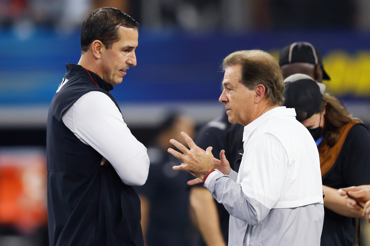 Luke Fickell and Nick Saban talk before the Cincinnati Bearcats and Alabama Crimson Tide's College Football Playoff semifinal matchup.