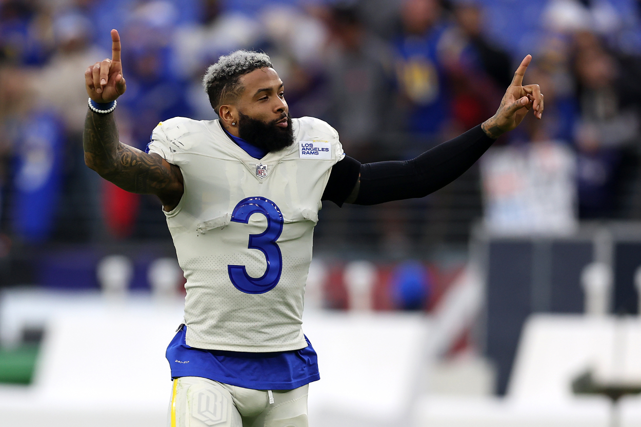 Wide receiver Odell Beckham Jr. of the Los Angeles Rams celebrates.