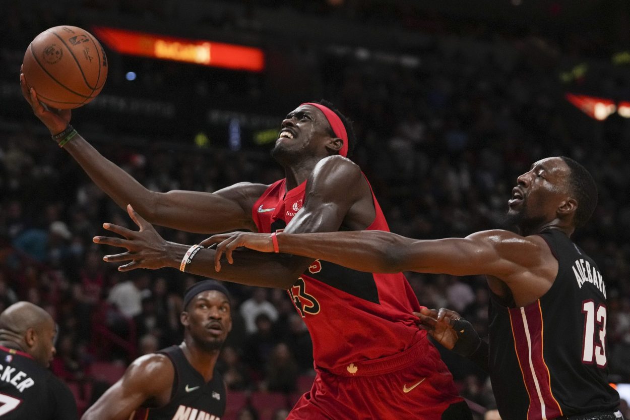 Toronto Raptors forward Pascal Siakam drives to the basket during an NBA game against the Miami Heat