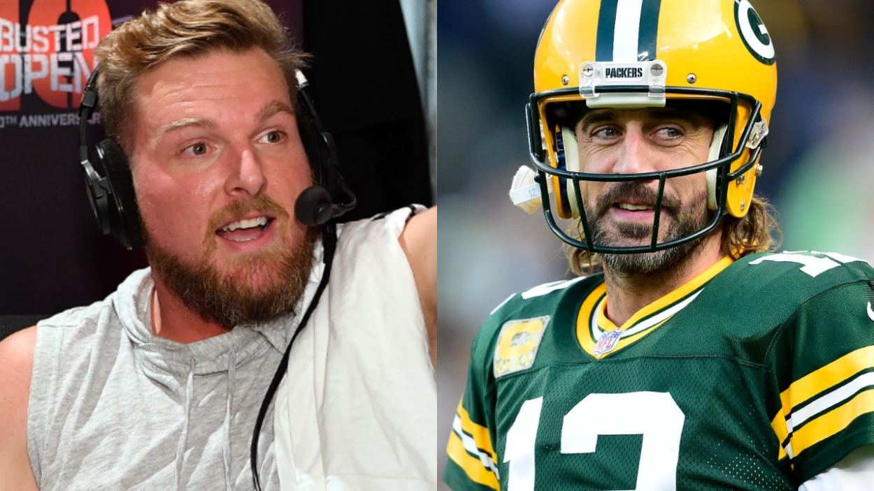 Former Indianapolis Colts punter Pat McAfee and Green Bay Packers quarterback Aaron Rodgers.