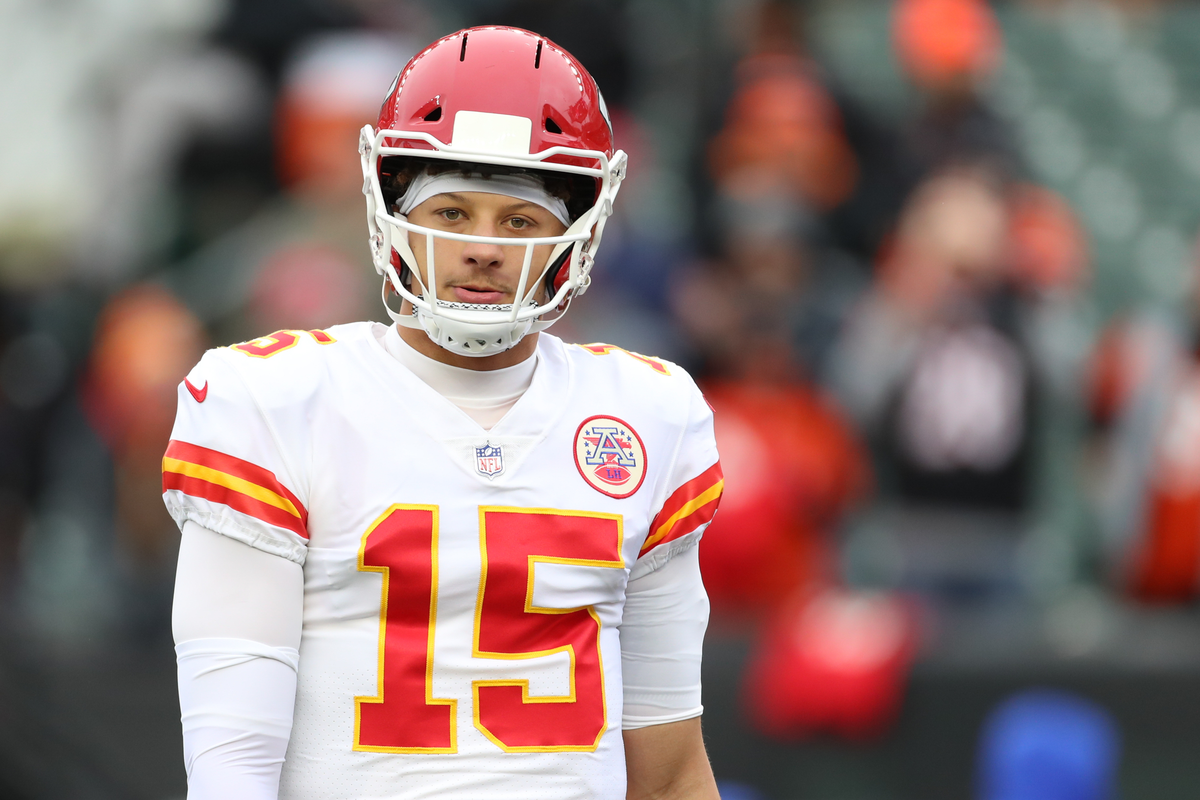 Chiefs quarterback Patrick Mahomes looks on during a game