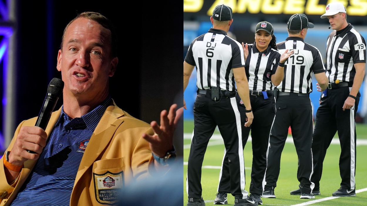 (L-R) Peyton Manning answers a question, as members of the Pro Football Hall of Fame Class of 2021, participated in an enshrinees roundtable on August 8, 2021 in Canton, Ohio; head linesman Jerod Phillips (No. 6) talks with line judge Maia Chaka (No. 100) as back judge Greg Wilson (No. 119) talks with referee Clay Martin (No. 19) in the first half of the game at SoFi Stadium in Inglewood on Sunday, November 14, 2021.