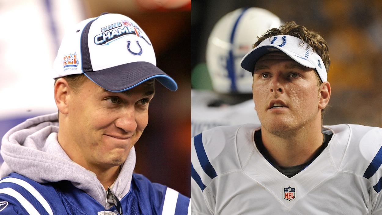 (L-R) Peyton Manning of the Indianapolis Colts during NFL Indianapolis Colts Parade and Rally - February 05, 2007 at RCA Dome in Indianapolis, Indiana; Punter Pat McAfee of the Indianapolis Colts looks on from the sideline during a preseason game against the Pittsburgh Steelers at Heinz Field on August 19, 2012 in Pittsburgh, Pennsylvania.