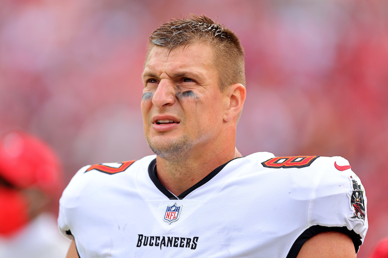 Rob Gronkowski of the Tampa Bay Buccaneers looks on against the Philadelphia Eagles during the first quarter in the NFC Wild Card Playoff game at Raymond James Stadium on January 16, 2022 in Tampa, Florida.