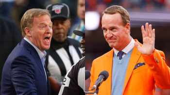 (L-R) NFL Commissioner Roger Goodell speaks with the referees prior to Super Bowl LIV between the San Francisco 49ers and the Kansas City Chiefs at Hard Rock Stadium on February 02, 2020 in Miami, Florida; Peyton Manning speaks to the crowd during a Ring of Honor induction ceremony at halftime of the game between the Washington Football Team and Denver Broncos at Empower Field At Mile High on October 31, 2021 in Denver, Colorado.