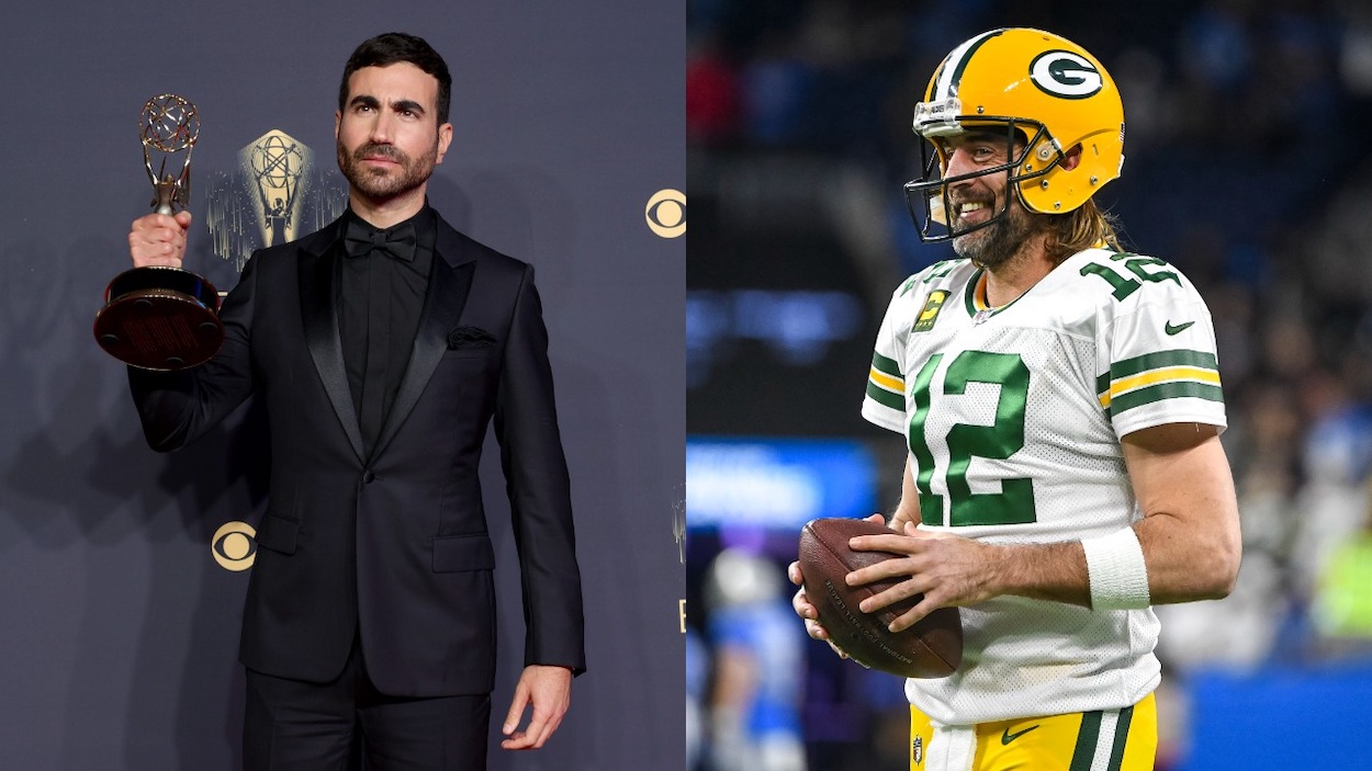 Brett Goldstein, winner of Outstanding Supporting Actor in a Comedy Series for playing Roy Kent in Ted Lasso, poses in the press room during the 73rd Primetime Emmy Awards at L.A. LIVE on September 19, 2021; Aaron Rodgers of the Green Bay Packers looks on before the game against the Detroit Lions at Ford Field on January 09, 2022.